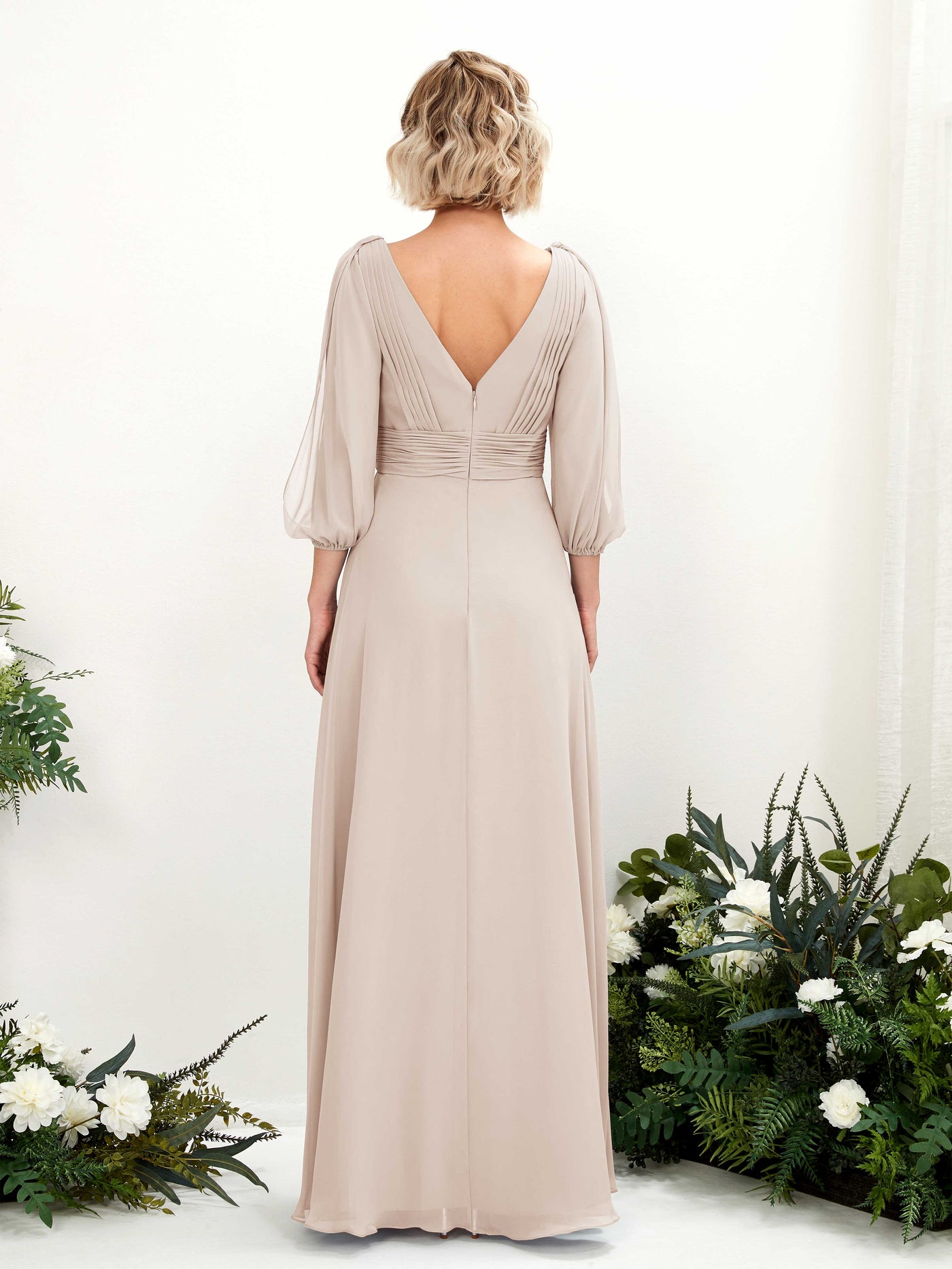Carlyna Vestido Línea A Escote en V Escote cruzado Manga tres cuartos Hasta el suelo Vestidos de dama de honor Champán #color_champ-n