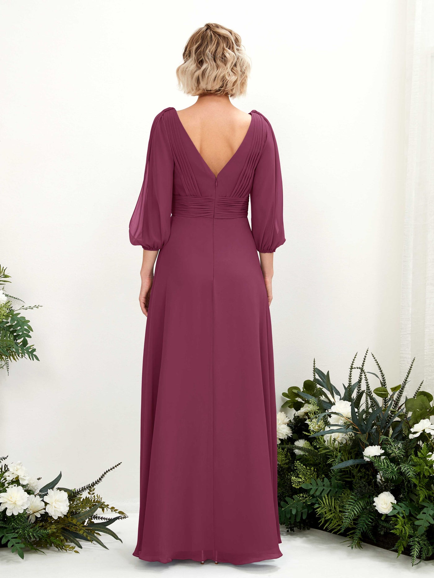 Carlyna Vestido Línea A Escote en V Escote cruzado Manga tres cuartos Hasta el suelo Vestidos de dama de honor Chianti #color_chianti