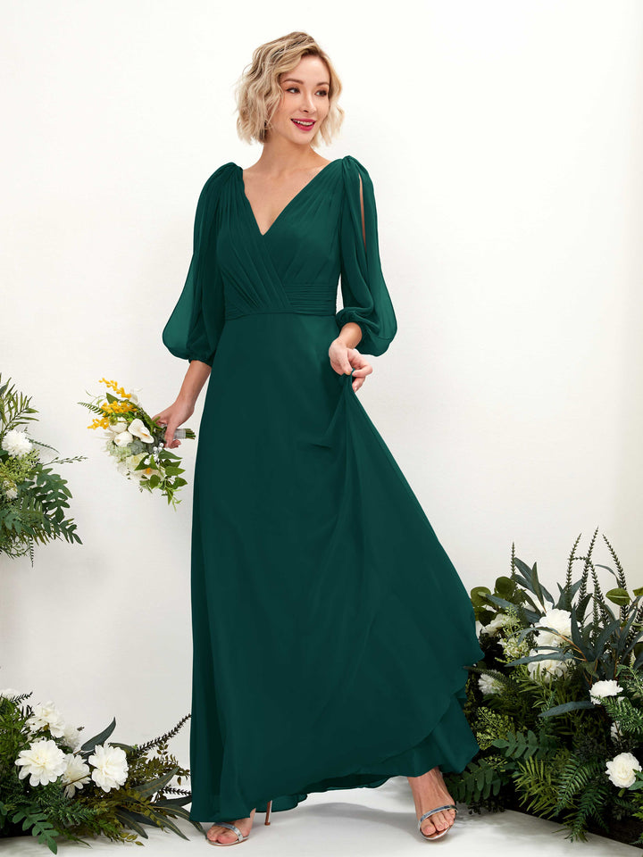 Carlyna Vestido Línea A Escote en V Escote cruzado Manga tres cuartos Hasta el suelo Vestidos de dama de honor Esmeralda Oscuro 