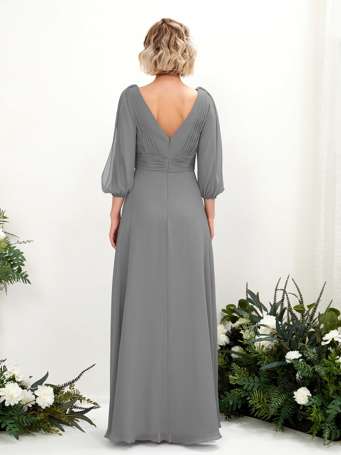Carlyna Vestido Línea A Escote en V Escote cruzado Manga tres cuartos Hasta el suelo Vestidos de dama de honor Gris Acero #color_gris-acero