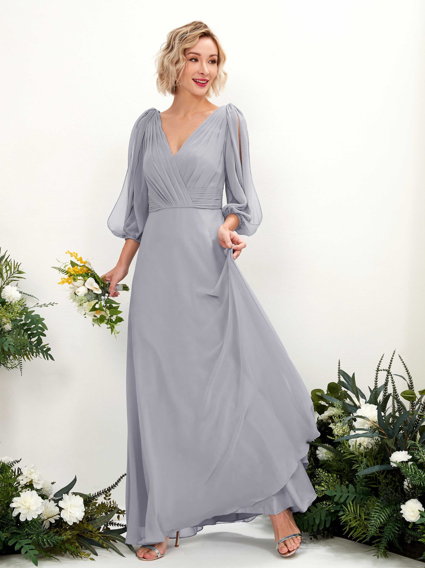 Carlyna Vestido Línea A Escote en V Escote cruzado Manga tres cuartos Hasta el suelo Vestidos de dama de honor Lavanda Viejo #color_lavanda-viejo