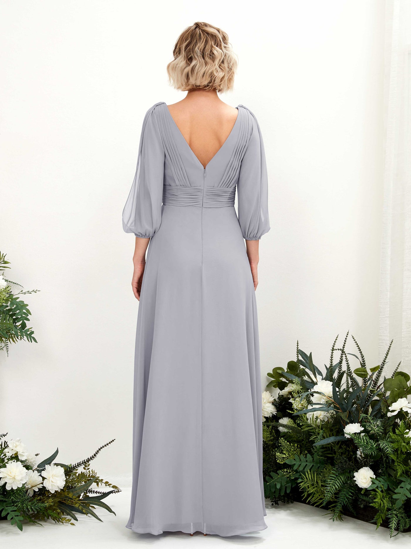 Carlyna Vestido Línea A Escote en V Escote cruzado Manga tres cuartos Hasta el suelo Vestidos de dama de honor Lavanda Viejo #color_lavanda-viejo