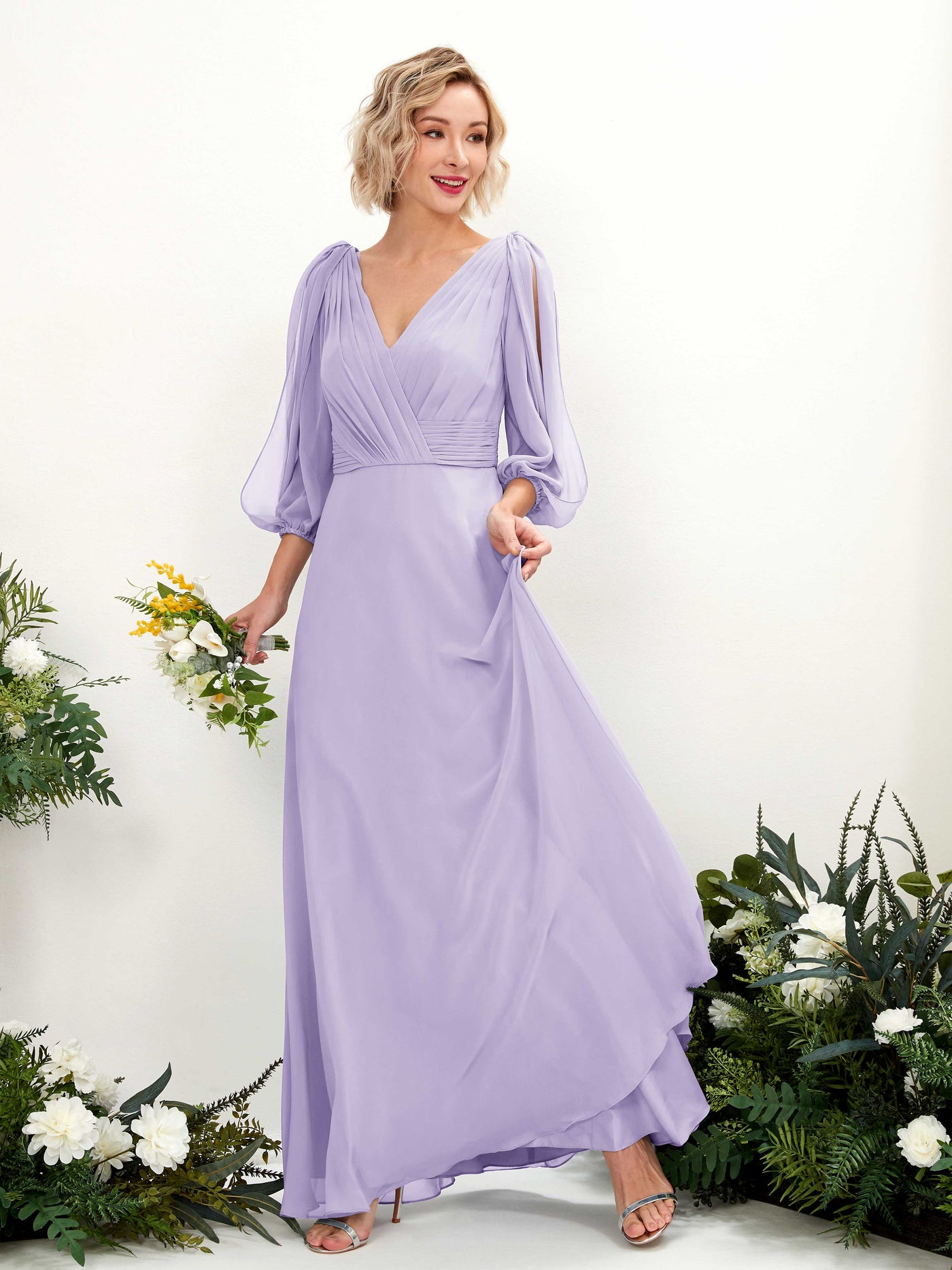 Carlyna Vestido Línea A Escote en V Escote cruzado Manga tres cuartos Hasta el suelo Vestidos de dama de honor Lila #color_lila