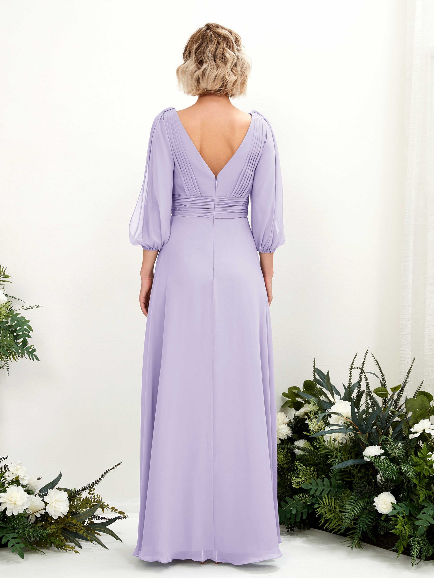 Carlyna Vestido Línea A Escote en V Escote cruzado Manga tres cuartos Hasta el suelo Vestidos de dama de honor Lila #color_lila