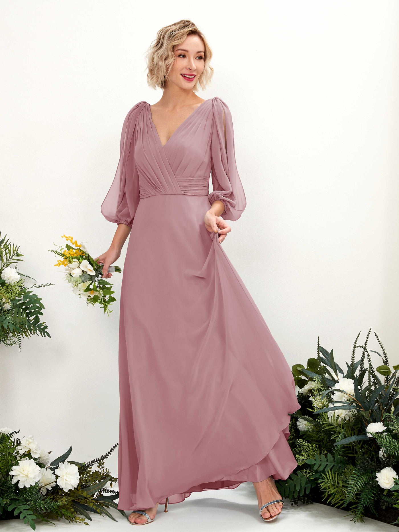 Carlyna Vestido Línea A Escote en V Escote cruzado Manga tres cuartos Hasta el suelo Vestidos de dama de honor Malva Clásico #color_malva-cl-sico