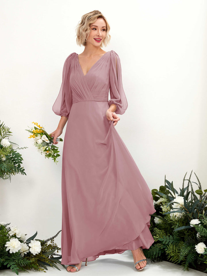 Carlyna Vestido Línea A Escote en V Escote cruzado Manga tres cuartos Hasta el suelo Vestidos de dama de honor Malva Clásico 