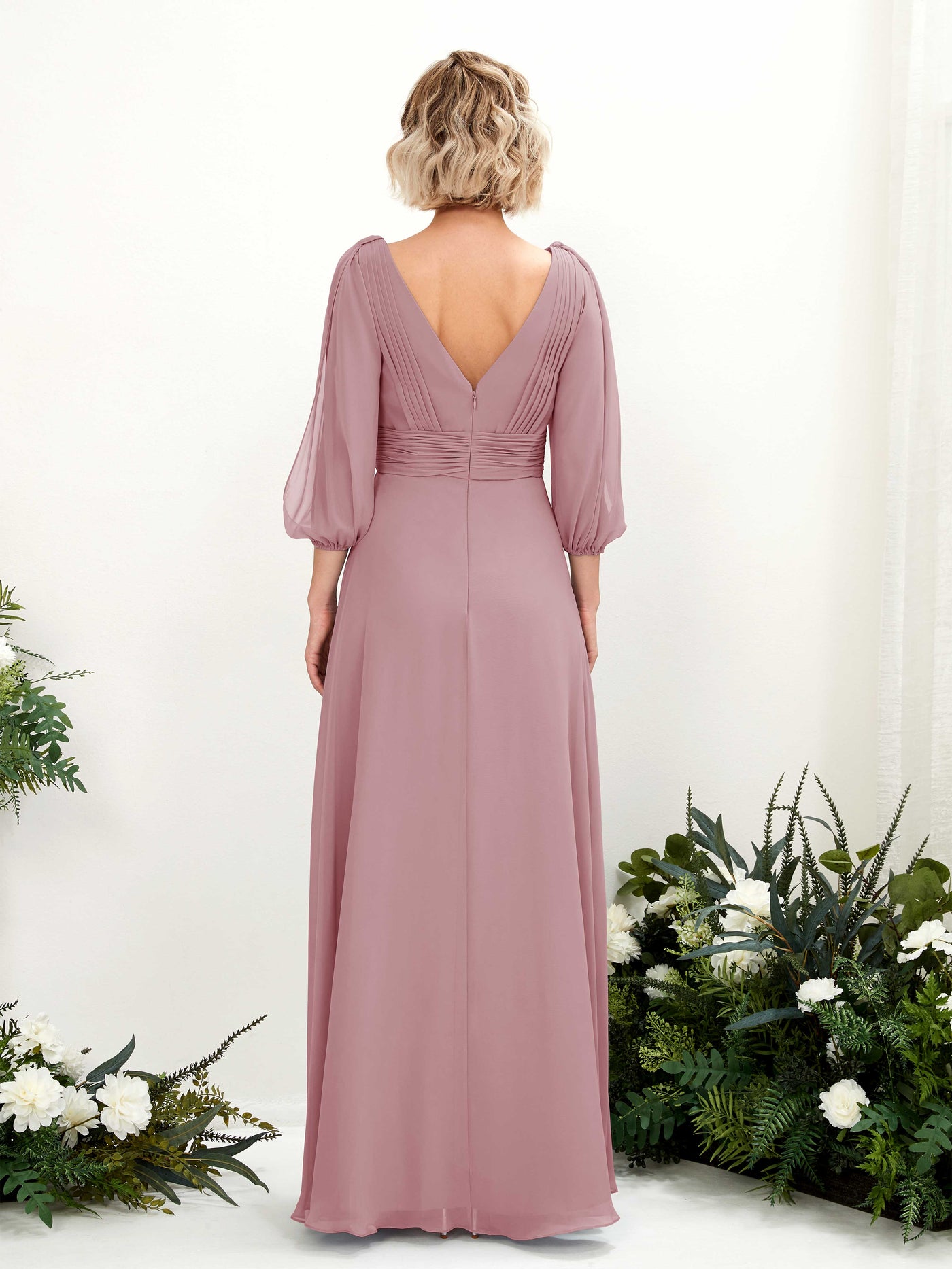Carlyna Vestido Línea A Escote en V Escote cruzado Manga tres cuartos Hasta el suelo Vestidos de dama de honor Malva Clásico #color_malva-cl-sico