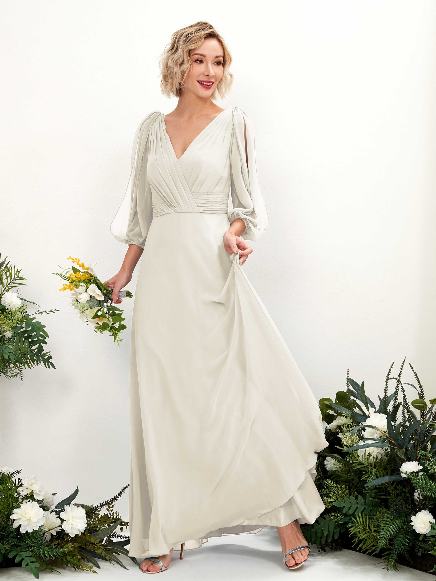 Carlyna Vestido Línea A Escote en V Escote cruzado Manga tres cuartos Hasta el suelo Vestidos de dama de honor Marfil #color_marfil