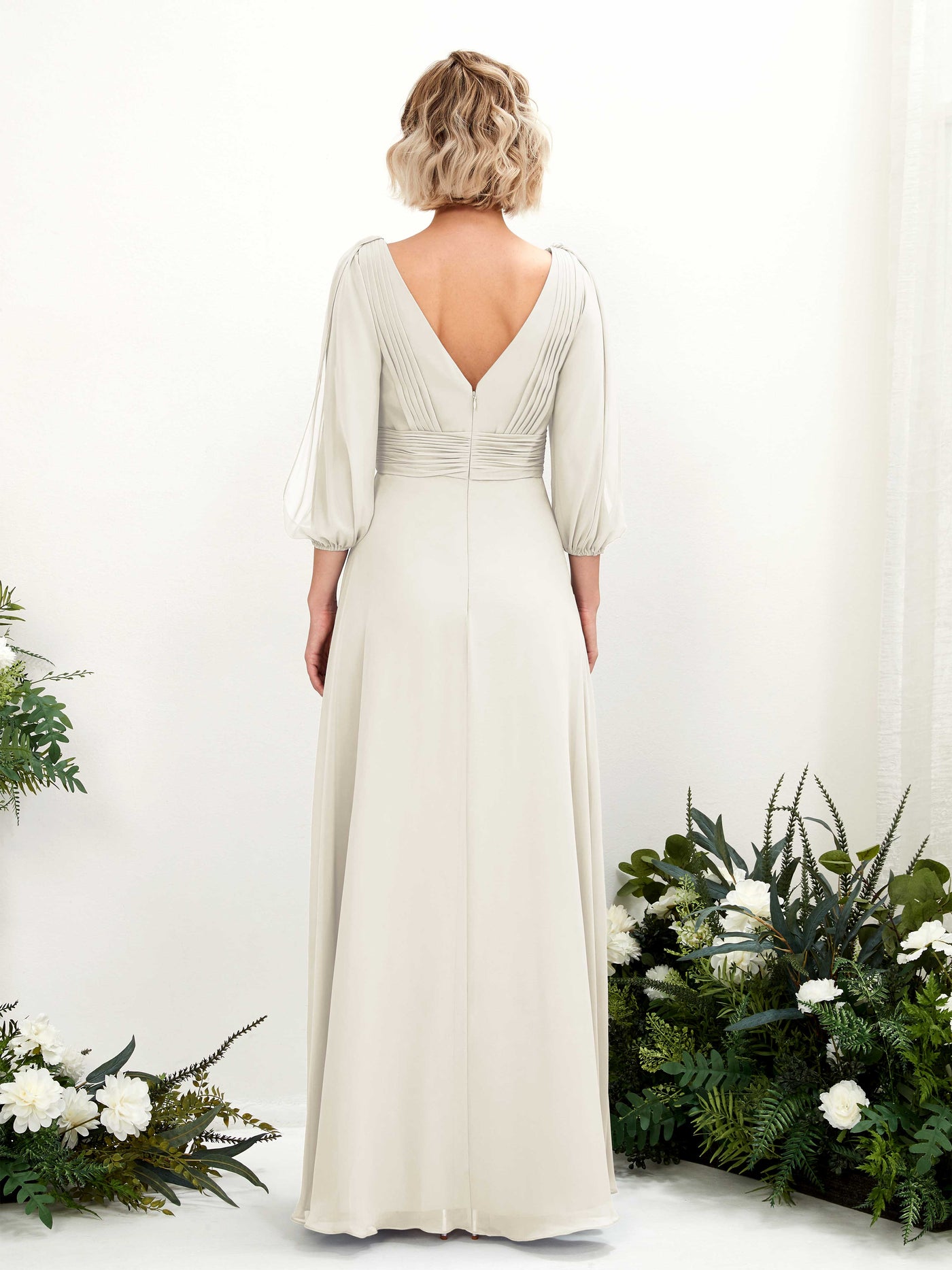 Carlyna Vestido Línea A Escote en V Escote cruzado Manga tres cuartos Hasta el suelo Vestidos de dama de honor Marfil #color_marfil