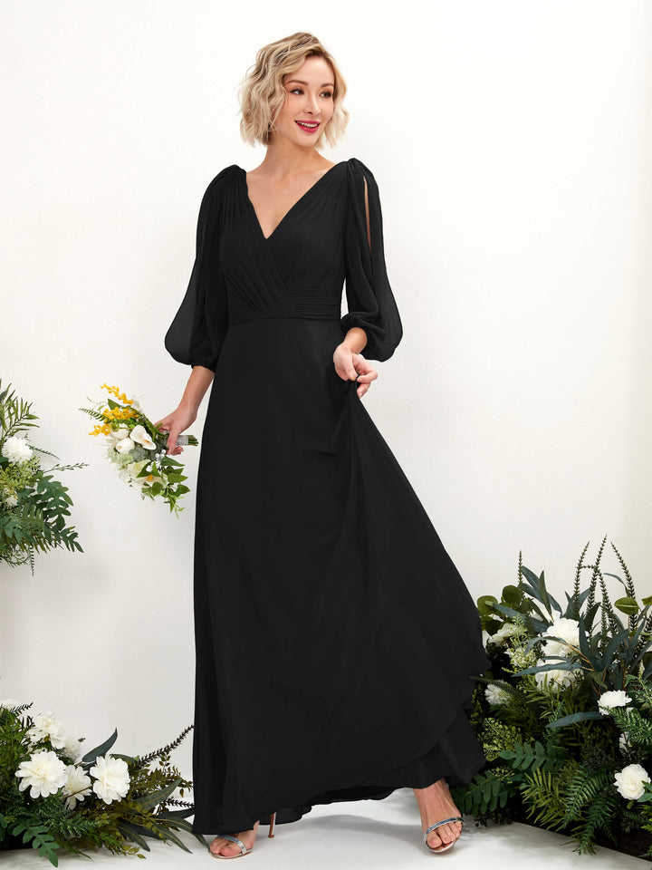 Carlyna Vestido Línea A Escote en V Escote cruzado Manga tres cuartos Hasta el suelo Vestidos de dama de honor Negro 