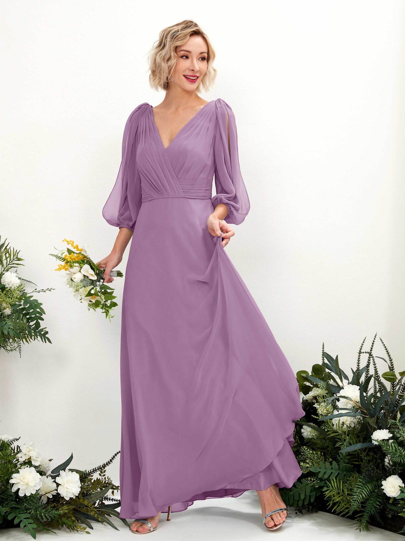 Carlyna Vestido Línea A Escote en V Escote cruzado Manga tres cuartos Hasta el suelo Vestidos de dama de honor Niebla Orquídea #color_niebla-orqu-dea