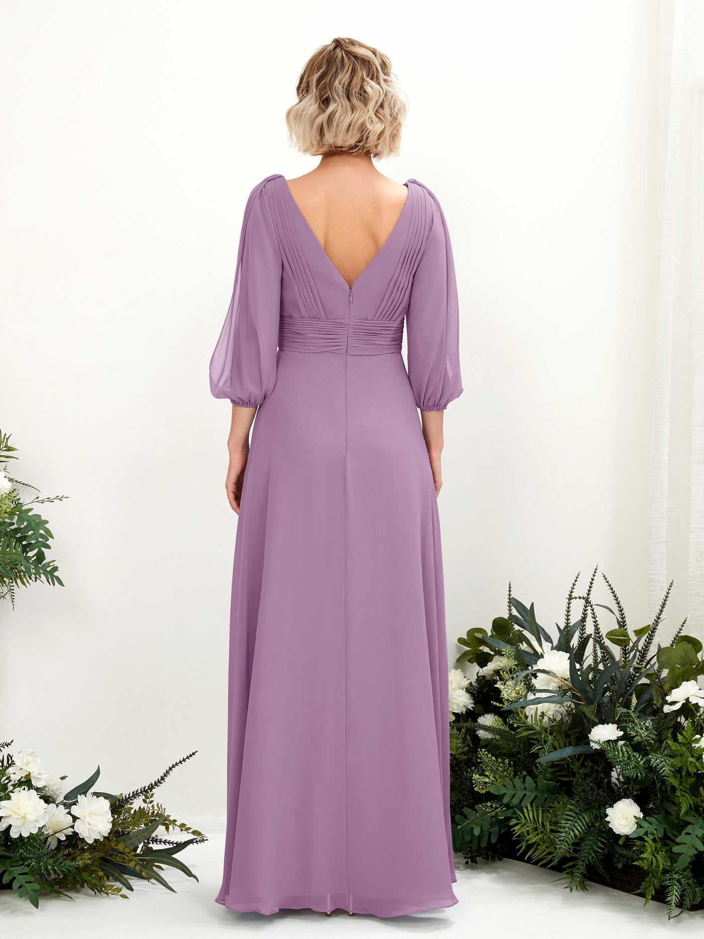 Carlyna Vestido Línea A Escote en V Escote cruzado Manga tres cuartos Hasta el suelo Vestidos de dama de honor Niebla Orquídea #color_niebla-orqu-dea