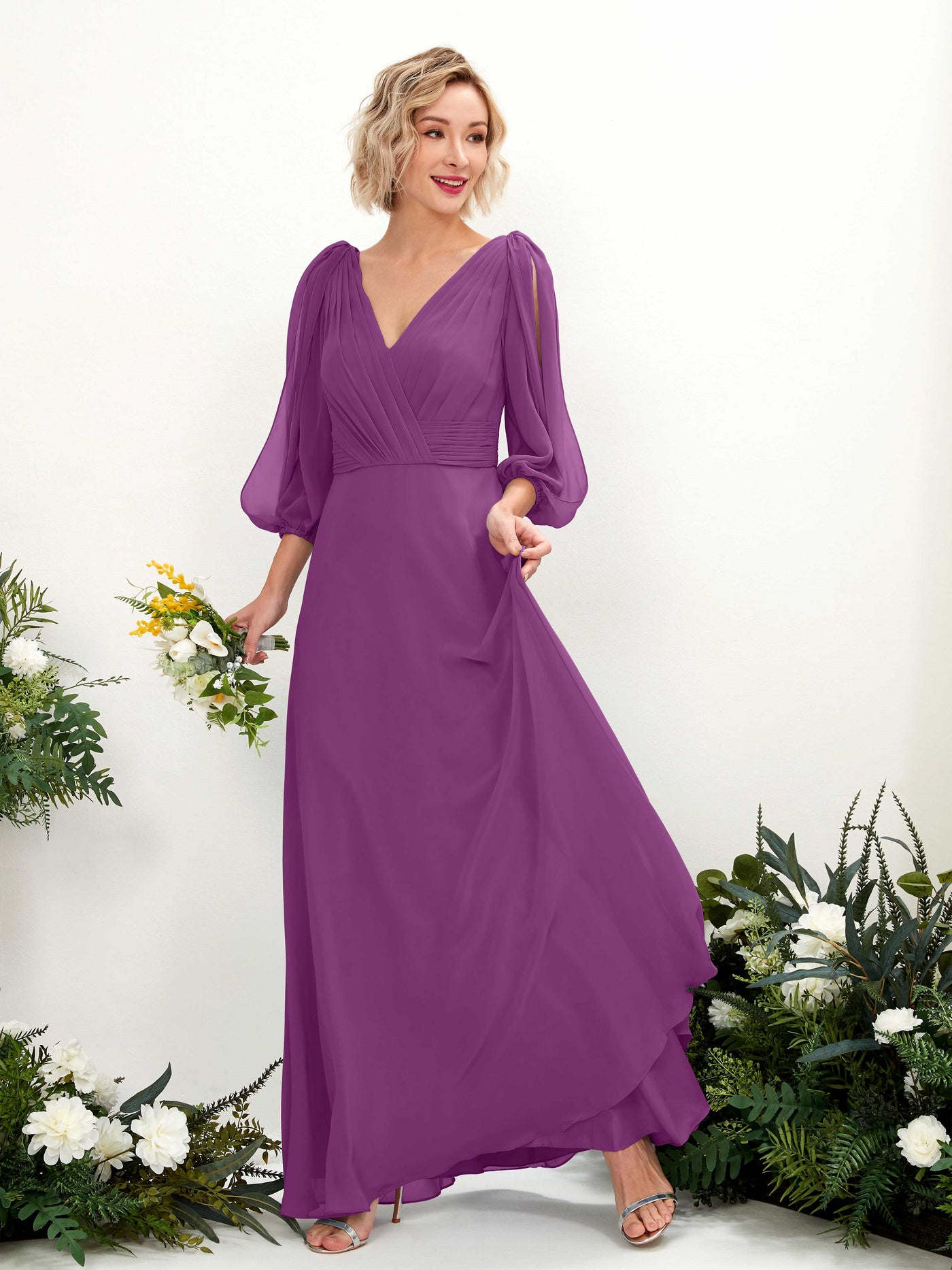 Carlyna Vestido Línea A Escote en V Escote cruzado Manga tres cuartos Hasta el suelo Vestidos de dama de honor Púrpura #color_p-rpura