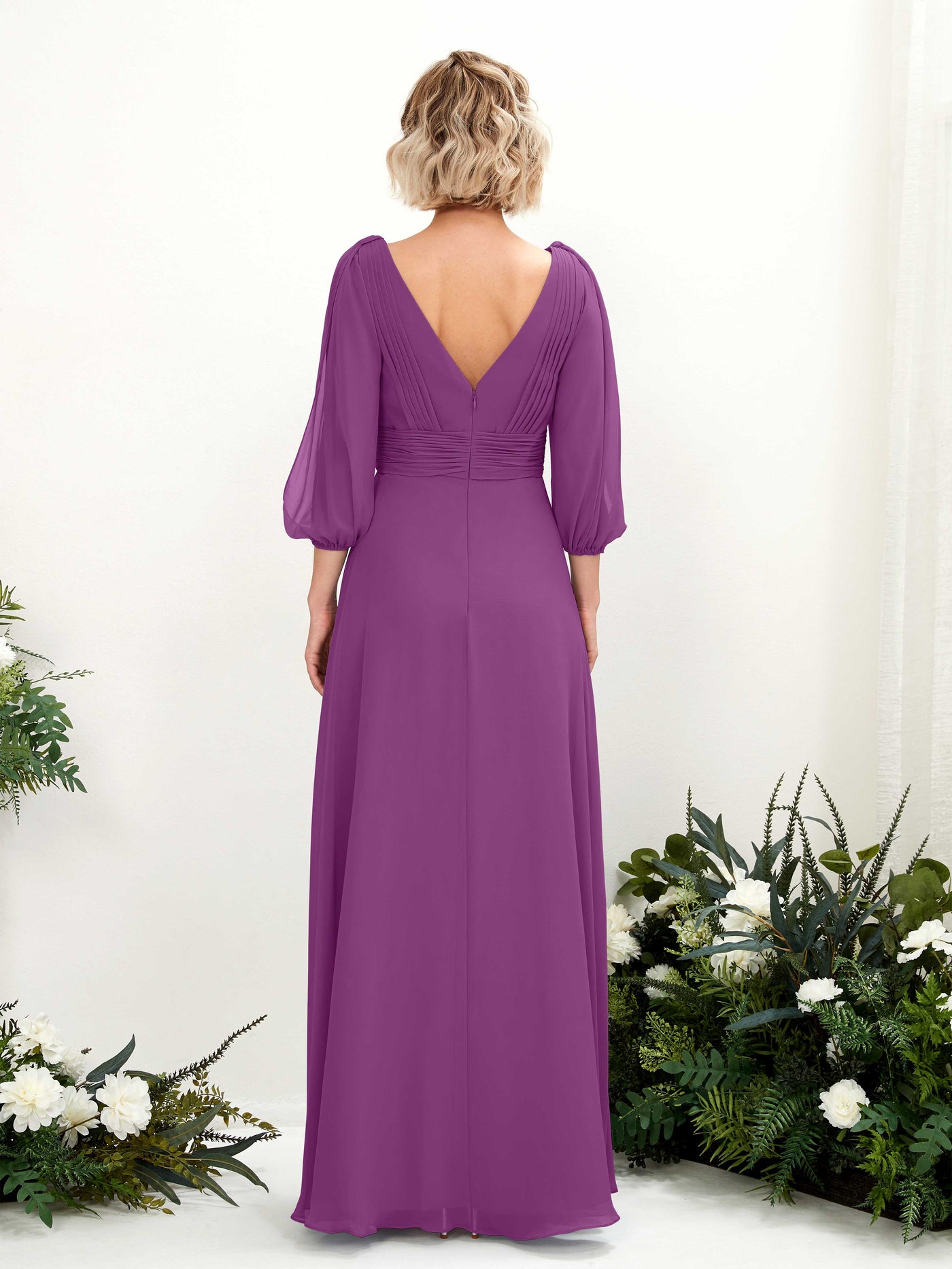 Carlyna Vestido Línea A Escote en V Escote cruzado Manga tres cuartos Hasta el suelo Vestidos de dama de honor Púrpura #color_p-rpura