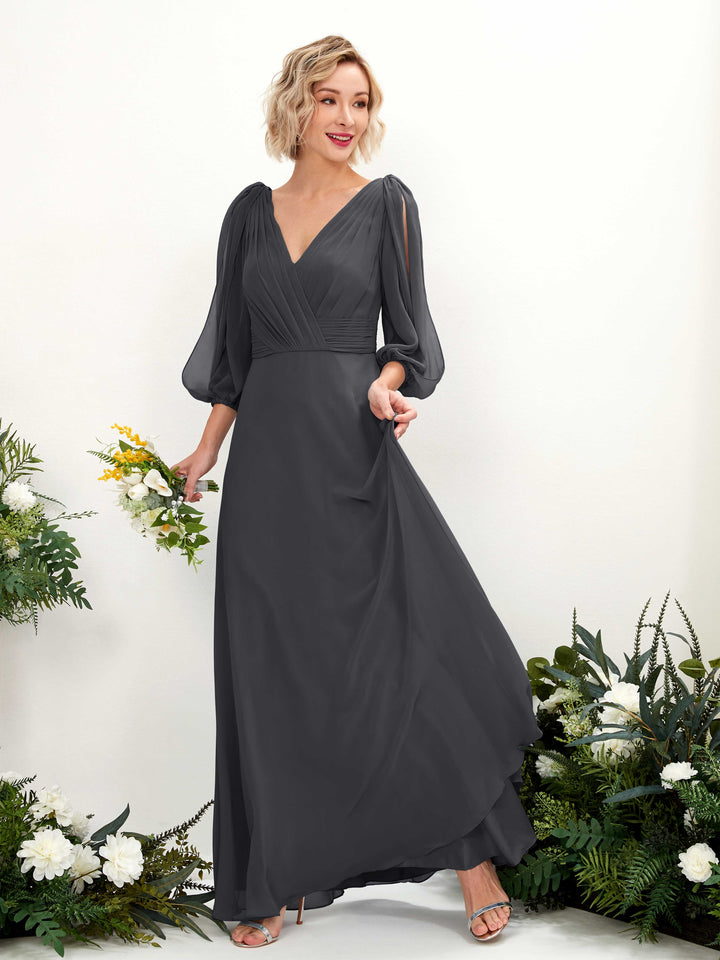Carlyna Vestido Línea A Escote en V Escote cruzado Manga tres cuartos Hasta el suelo Vestidos de dama de honor Peltre 