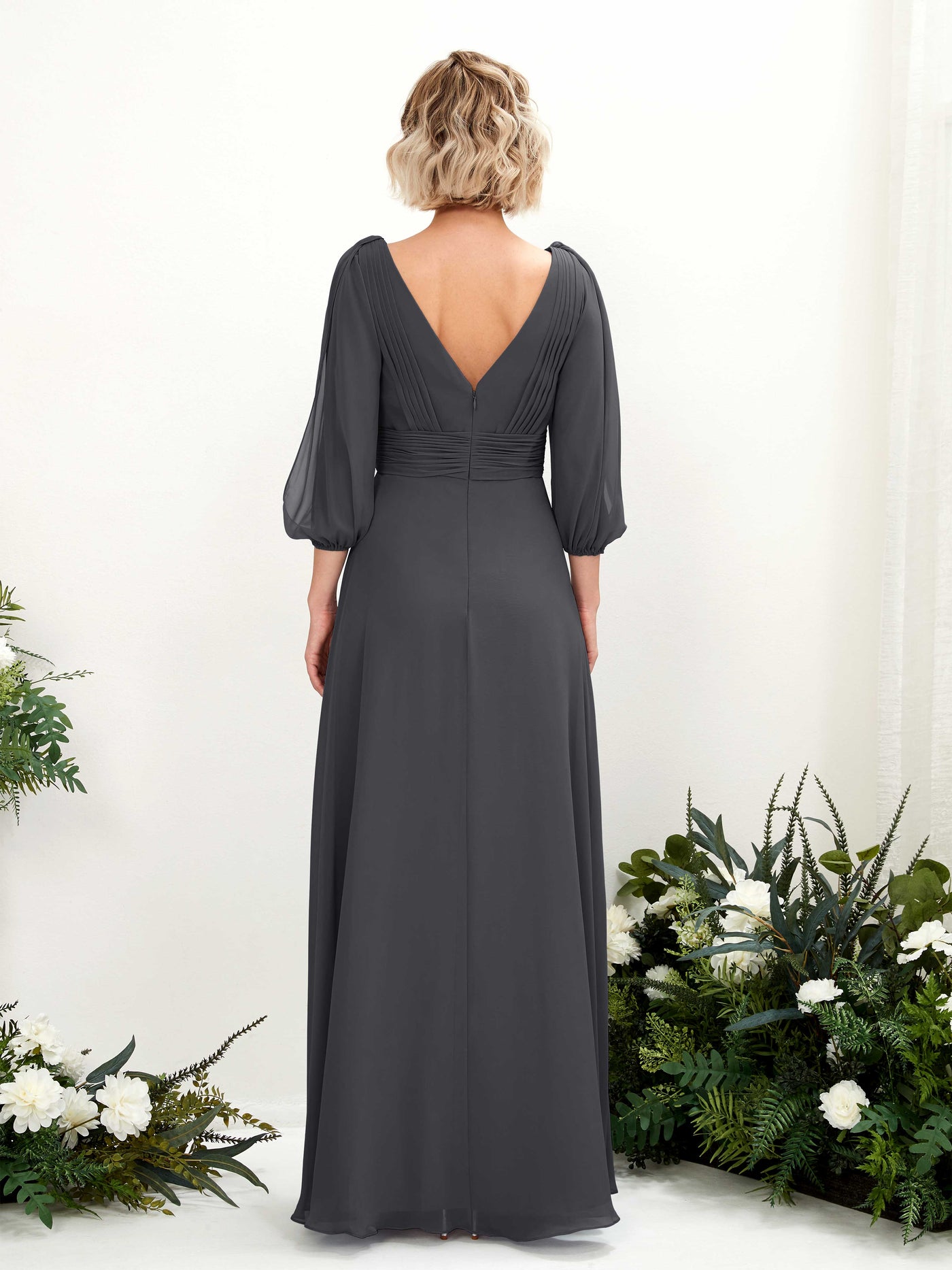 Carlyna Vestido Línea A Escote en V Escote cruzado Manga tres cuartos Hasta el suelo Vestidos de dama de honor Peltre #color_peltre
