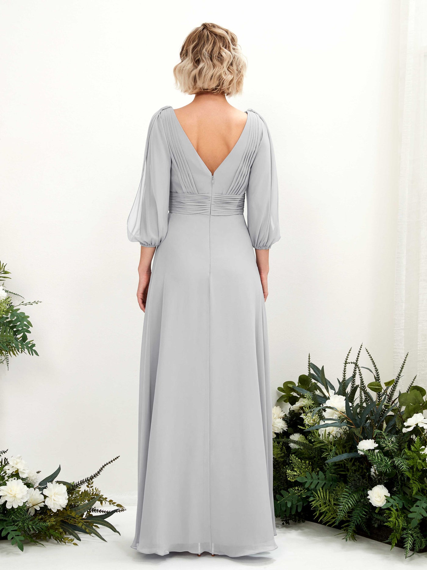 Carlyna Vestido Línea A Escote en V Escote cruzado Manga tres cuartos Hasta el suelo Vestidos de dama de honor Plata #color_plata