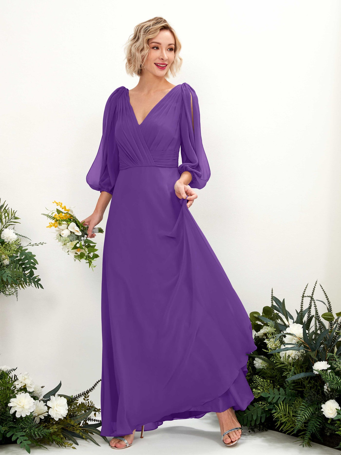 Carlyna Vestido Línea A Escote en V Escote cruzado Manga tres cuartos Hasta el suelo Vestidos de dama de honor Regencia #color_regencia