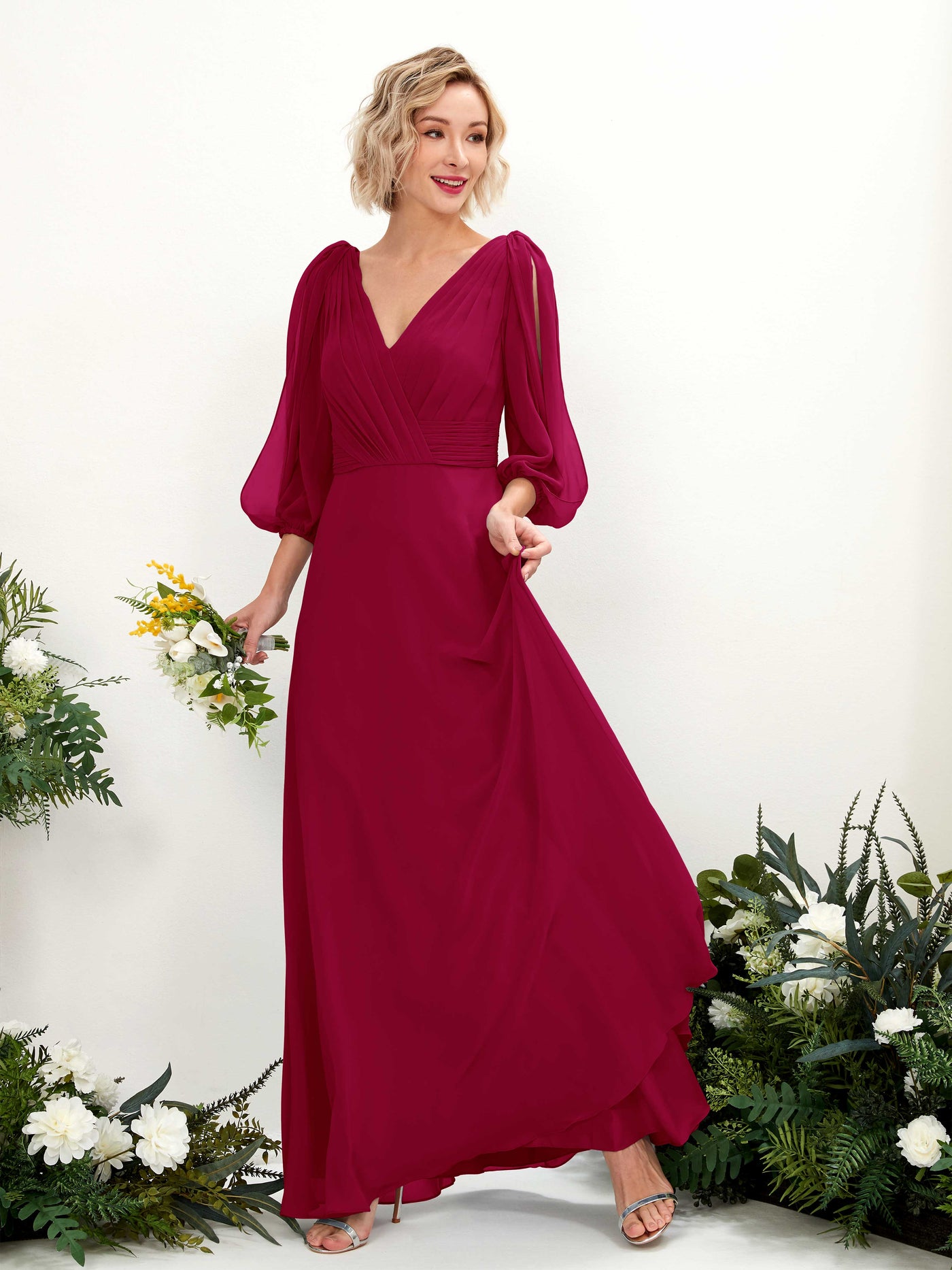 Carlyna Vestido Línea A Escote en V Escote cruzado Manga tres cuartos Hasta el suelo Vestidos de dama de honor Rojo Bufón #color_rojo-buf-n