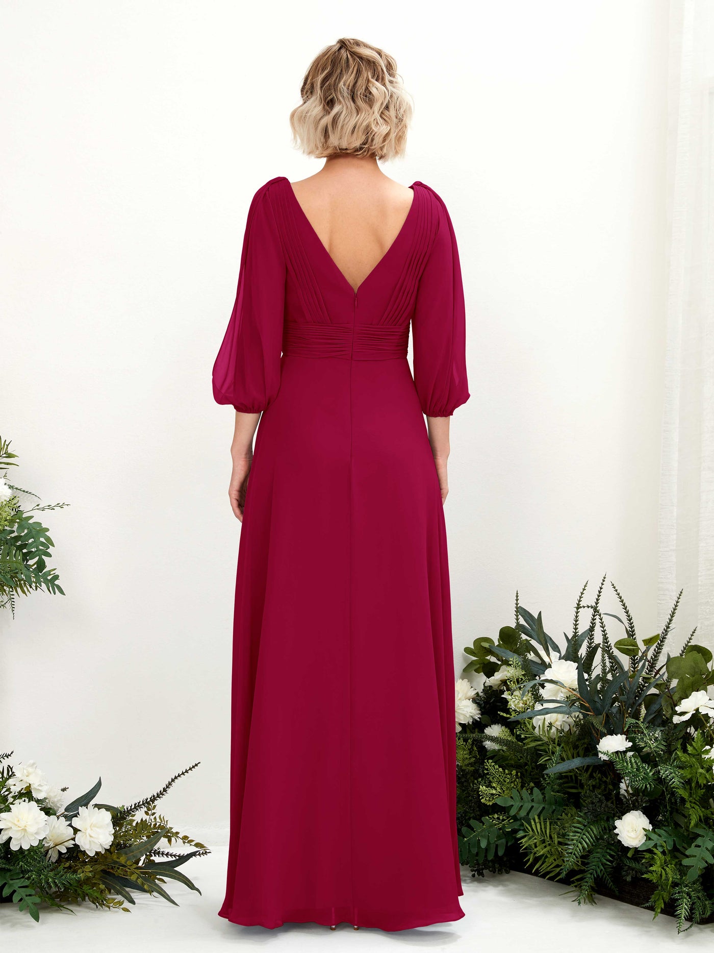 Carlyna Vestido Línea A Escote en V Escote cruzado Manga tres cuartos Hasta el suelo Vestidos de dama de honor Rojo Bufón #color_rojo-buf-n