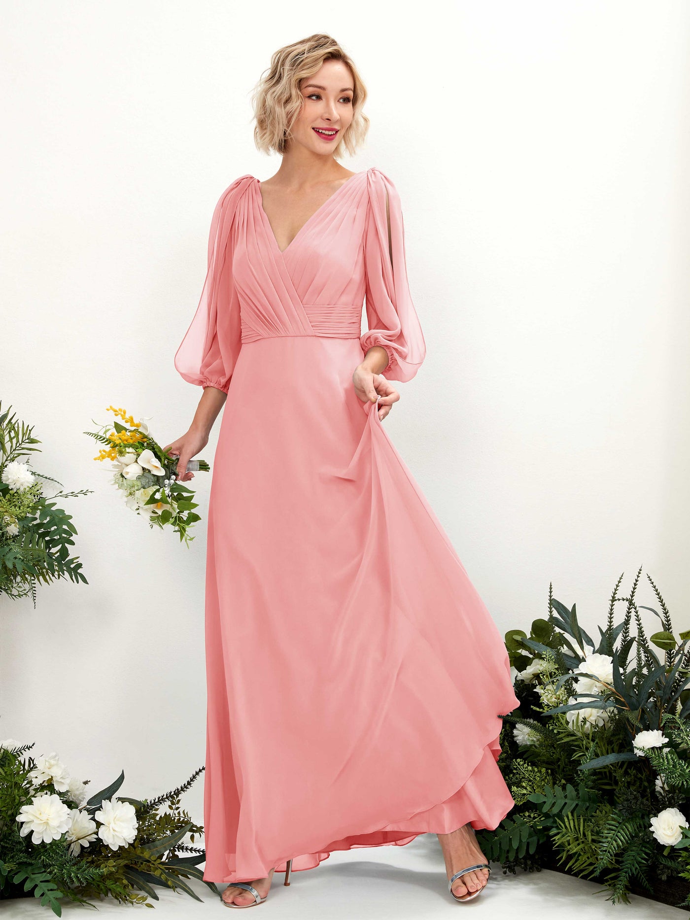 Carlyna Vestido Línea A Escote en V Escote cruzado Manga tres cuartos Hasta el suelo Vestidos de dama de honor Rosa Ballet #color_rosa-ballet