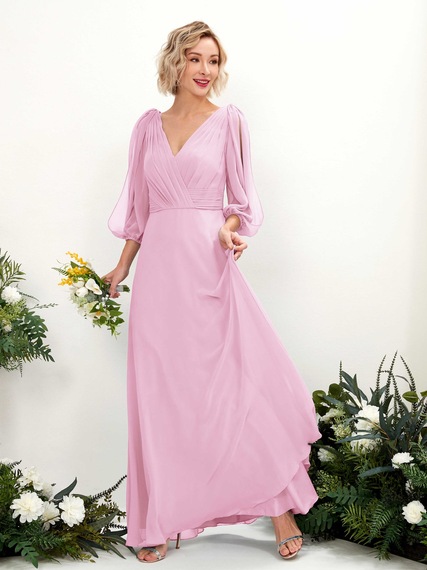 Carlyna Vestido Línea A Escote en V Escote cruzado Manga tres cuartos Hasta el suelo Vestidos de dama de honor Rosa Caramelo #color_rosa-caramelo