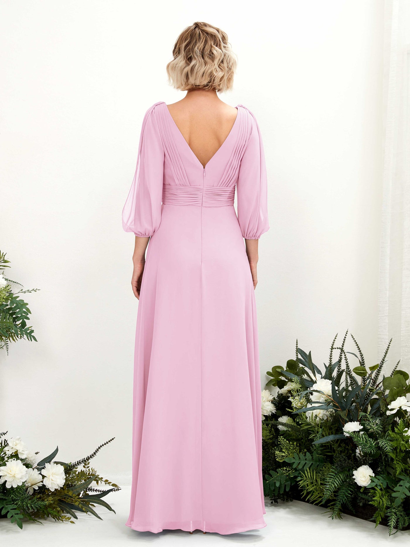 Carlyna Vestido Línea A Escote en V Escote cruzado Manga tres cuartos Hasta el suelo Vestidos de dama de honor Rosa Caramelo #color_rosa-caramelo