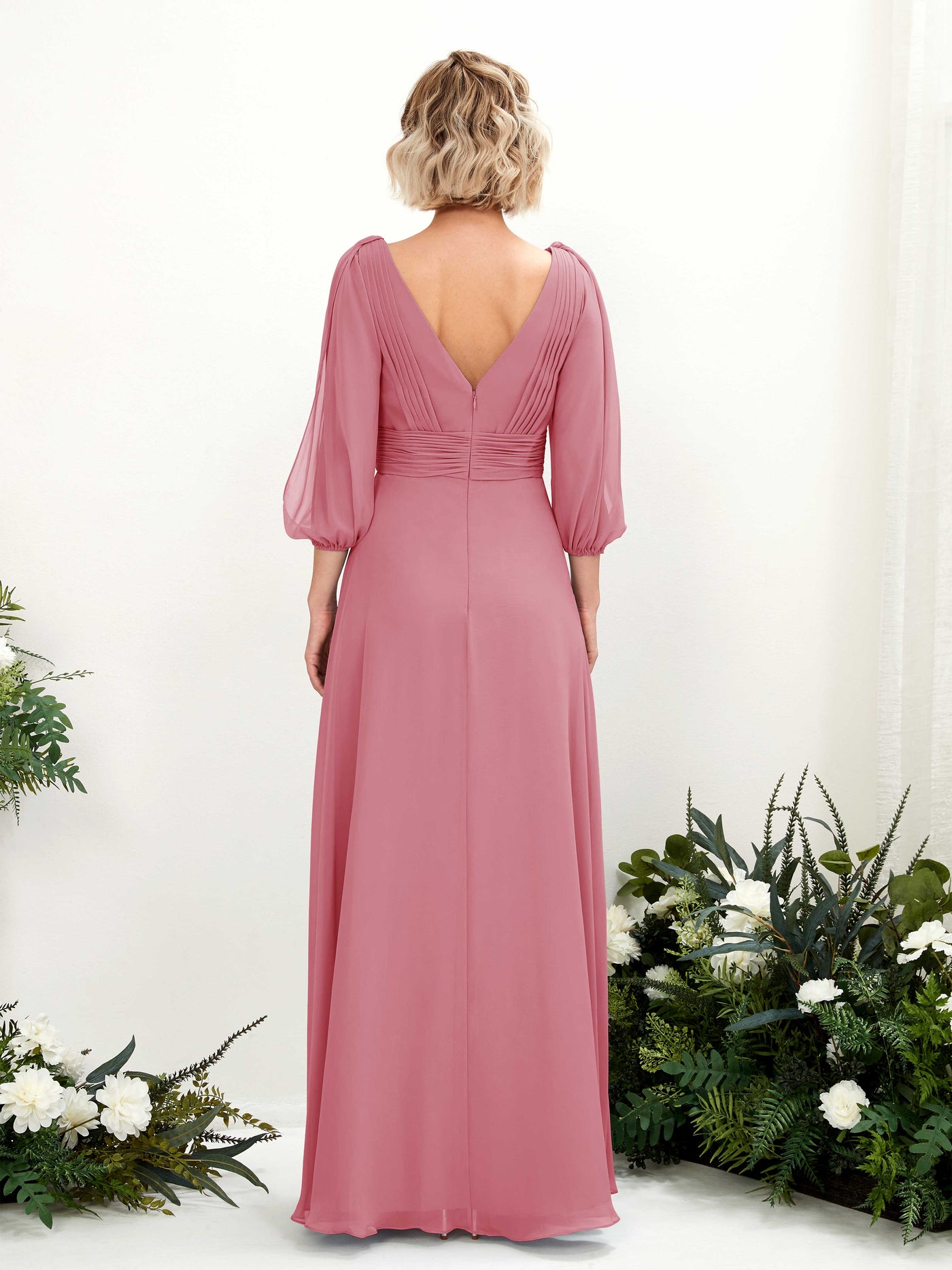 Carlyna Vestido Línea A Escote en V Escote cruzado Manga tres cuartos Hasta el suelo Vestidos de dama de honor Rosa Del Desierto #color_rosa-del-desierto