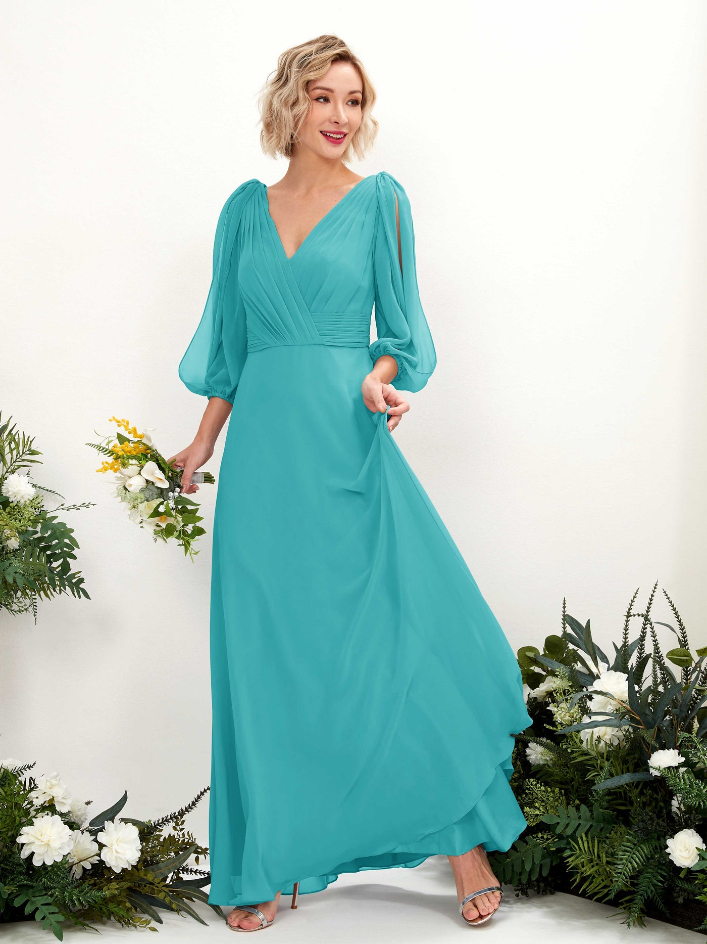 Carlyna Vestido Línea A Escote en V Escote cruzado Manga tres cuartos Hasta el suelo Vestidos de dama de honor Turquesa #color_turquesa