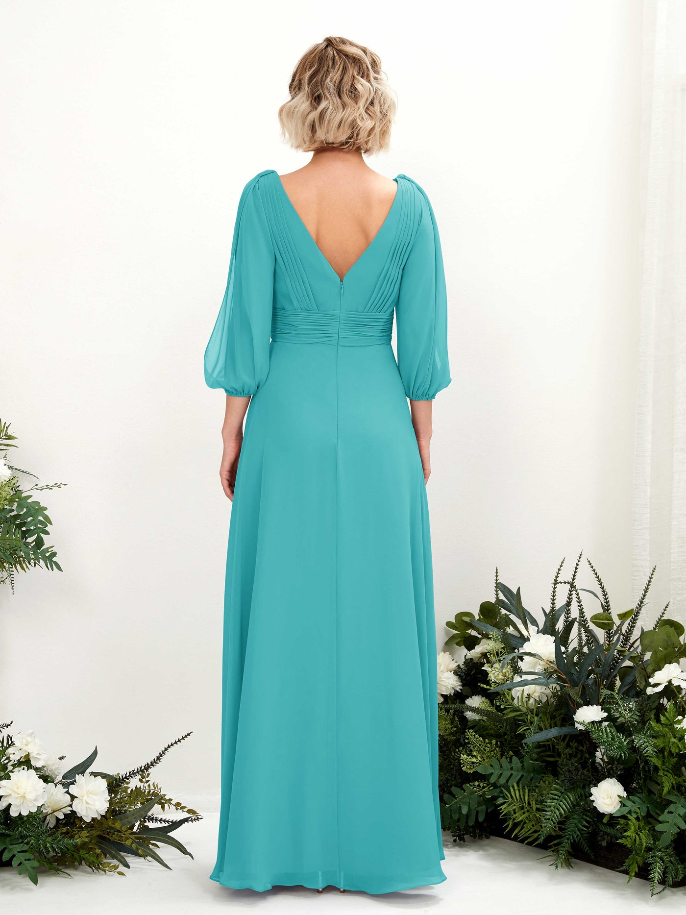 Carlyna Vestido Línea A Escote en V Escote cruzado Manga tres cuartos Hasta el suelo Vestidos de dama de honor Turquesa #color_turquesa