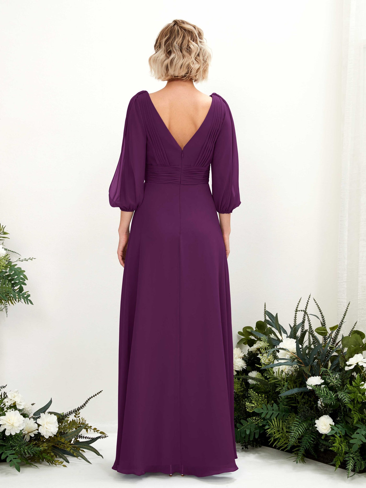Carlyna Vestido Línea A Escote en V Escote cruzado Manga tres cuartos Hasta el suelo Vestidos de dama de honor Uva #color_uva