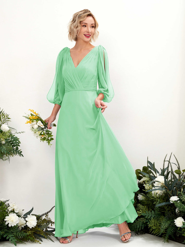 Carlyna Vestido Línea A Escote en V Escote cruzado Manga tres cuartos Hasta el suelo Vestidos de dama de honor Verde Menta 