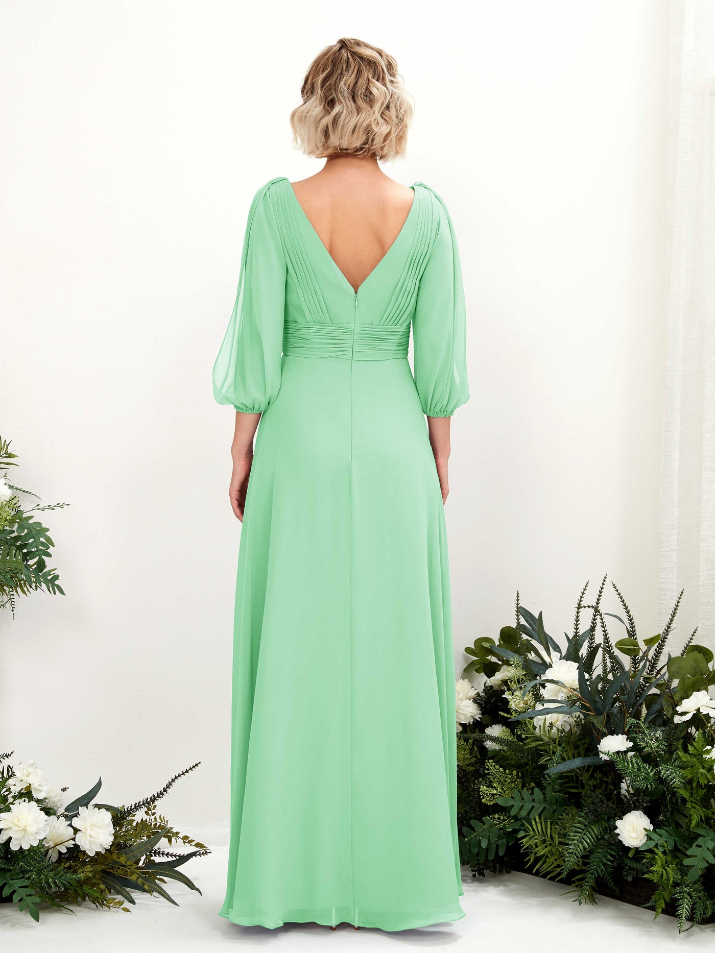 Carlyna Vestido Línea A Escote en V Escote cruzado Manga tres cuartos Hasta el suelo Vestidos de dama de honor Verde Menta #color_verde-menta