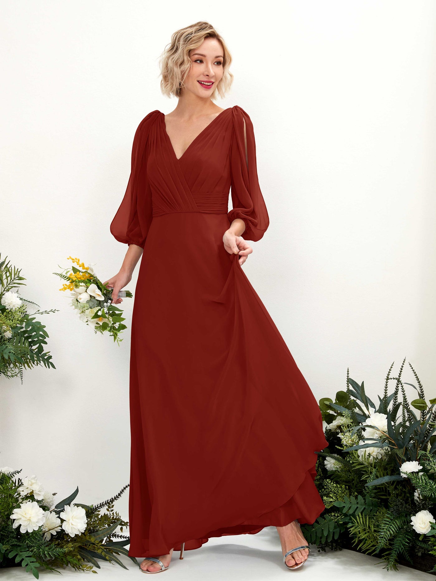 Carlyna Vestido Línea A Escote en V Escote cruzado Manga tres cuartos Hasta el suelo Vestidos de dama de honor Óxido #color_xido