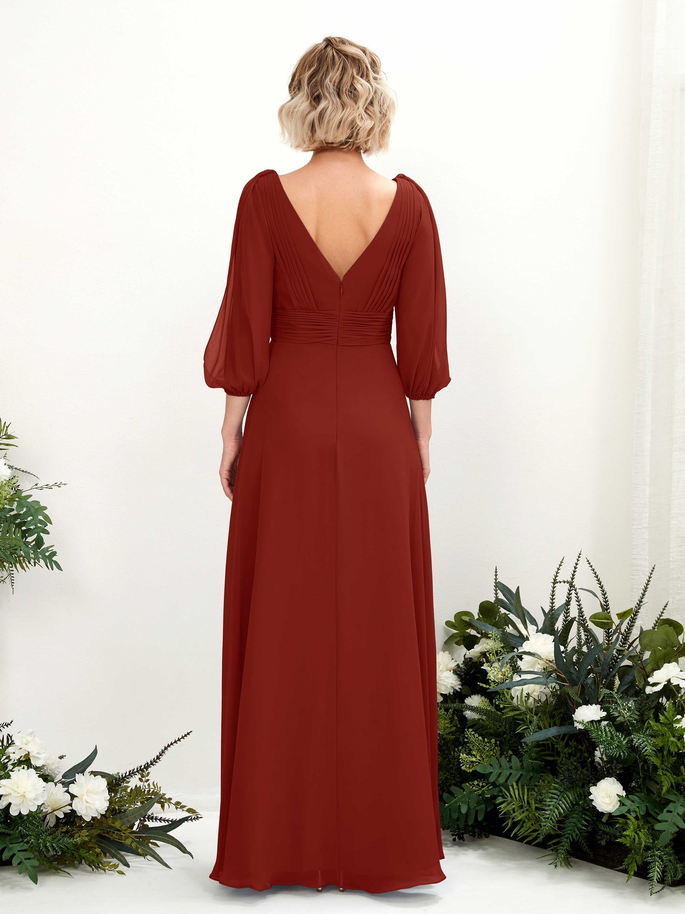 Carlyna Vestido Línea A Escote en V Escote cruzado Manga tres cuartos Hasta el suelo Vestidos de dama de honor Óxido #color_xido