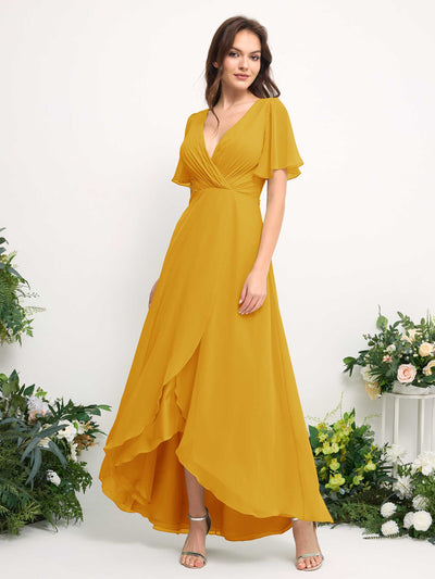 Carlyna Vestido línea A escote en V gasa hasta el suelo dama de honor Amarillo Mostaza #color_amarillo-mostaza