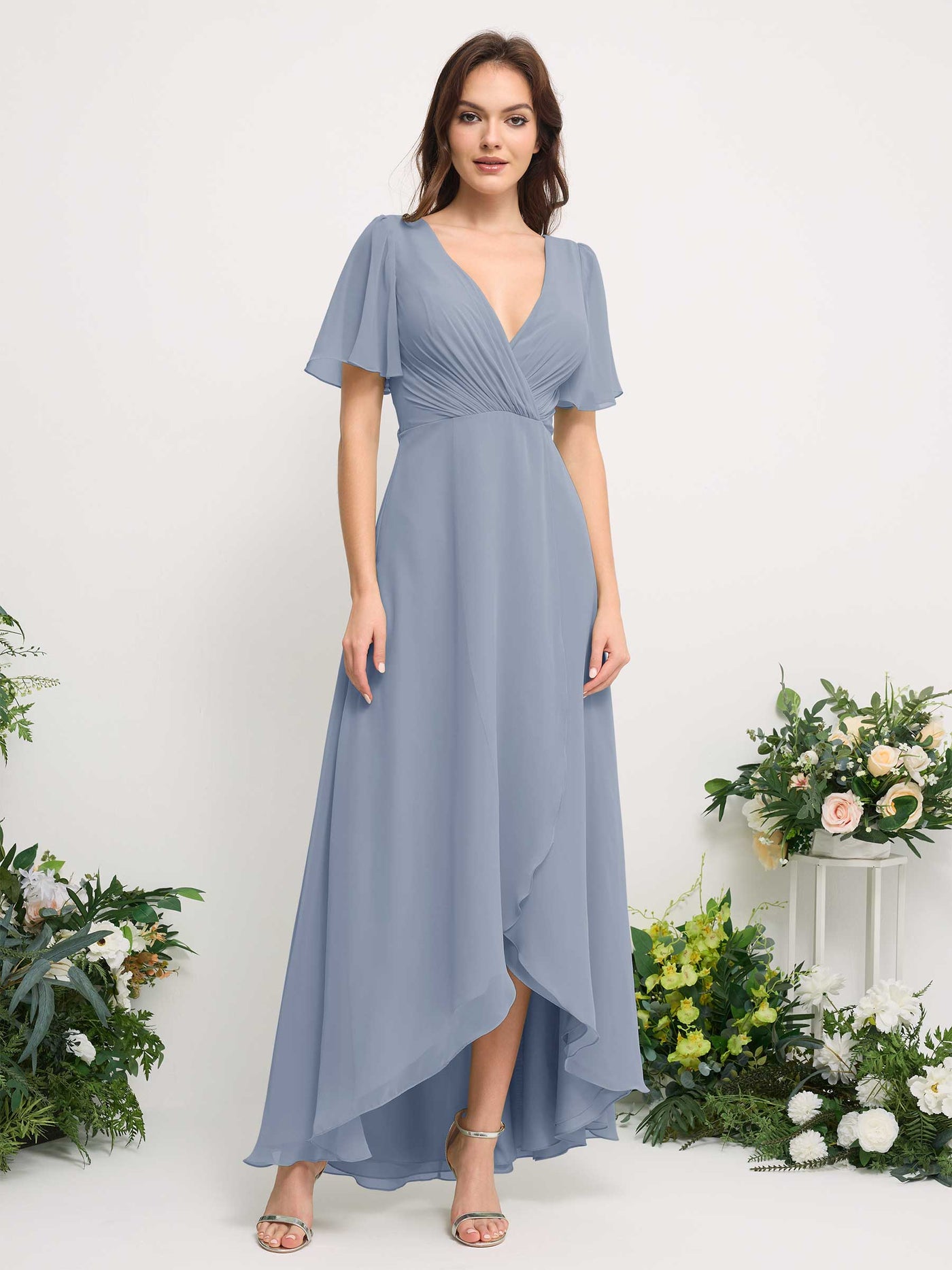 Carlyna Vestido línea A escote en V gasa hasta el suelo dama de honor Azul Empolvado Mejorado #color_azul-empolvado-mejorado