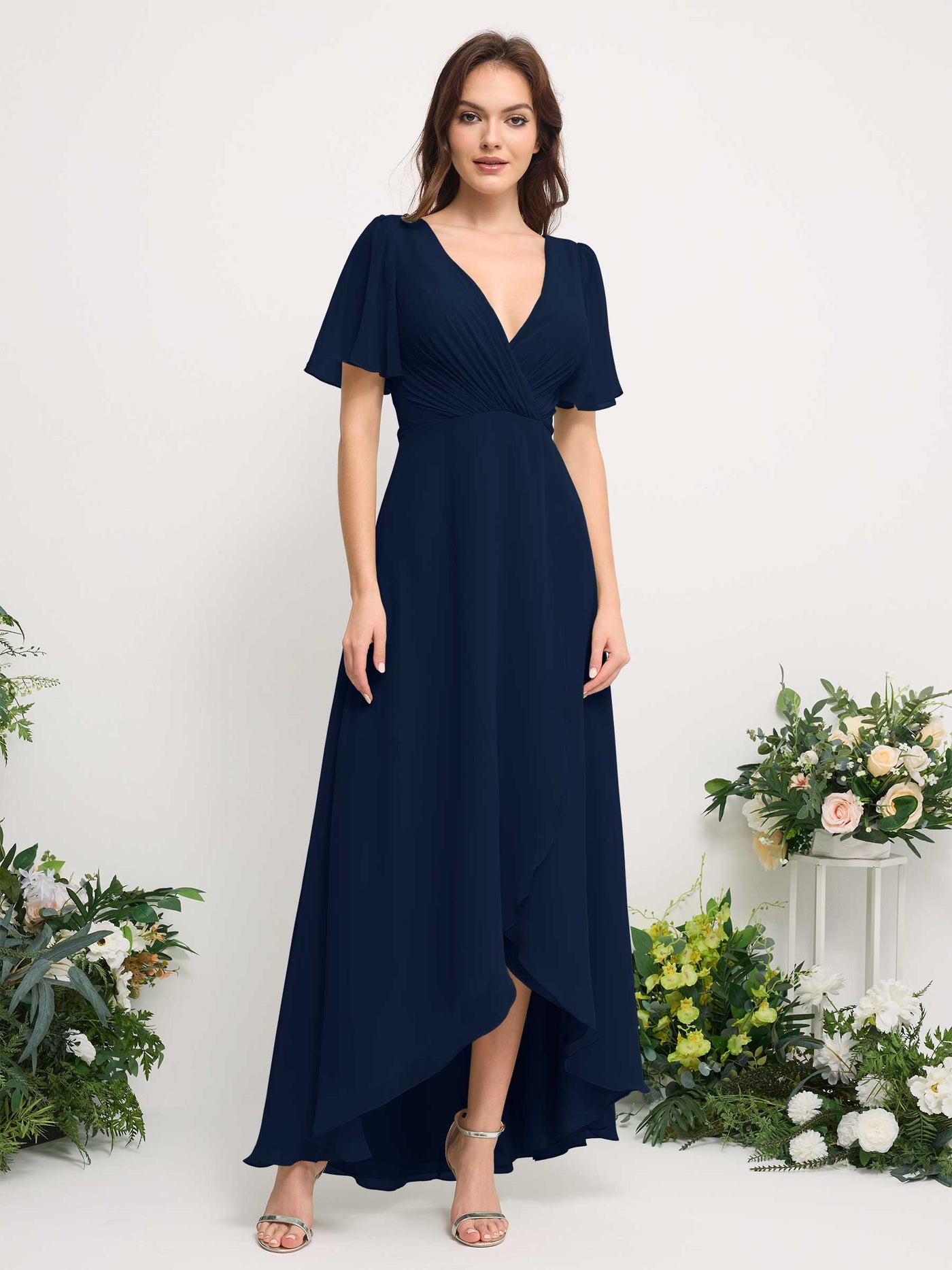 Carlyna Vestido línea A escote en V gasa hasta el suelo dama de honor Azul Marino #color_azul-marino