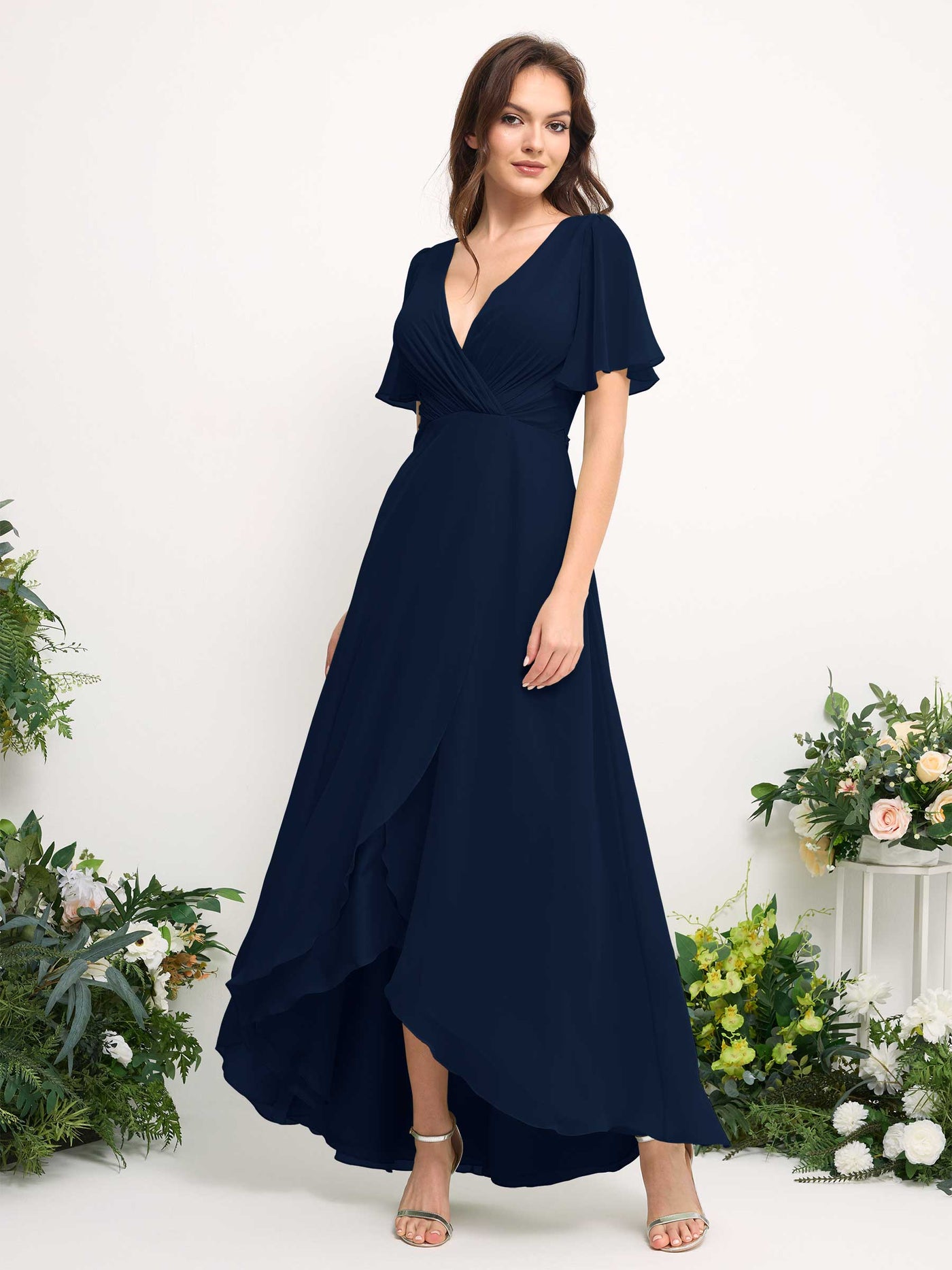 Carlyna Vestido línea A escote en V gasa hasta el suelo dama de honor Azul Marino #color_azul-marino