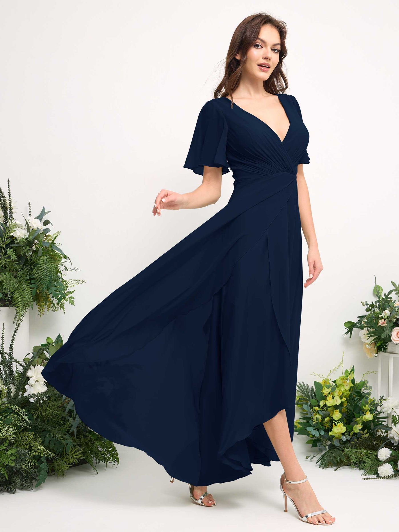 Carlyna Vestido línea A escote en V gasa hasta el suelo dama de honor Azul Marino #color_azul-marino