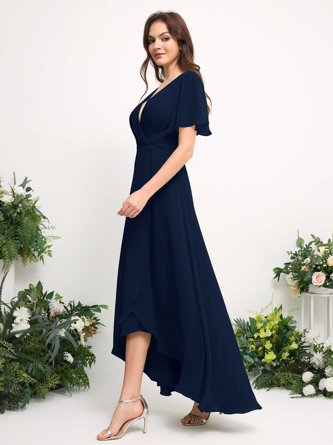 Carlyna Vestido línea A escote en V gasa hasta el suelo dama de honor Azul Marino #color_azul-marino