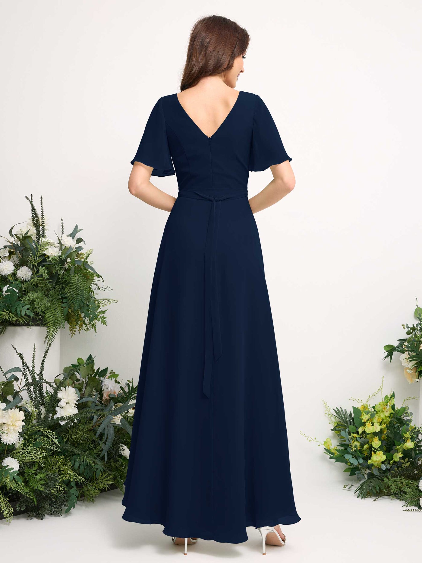 Carlyna Vestido línea A escote en V gasa hasta el suelo dama de honor Azul Marino #color_azul-marino