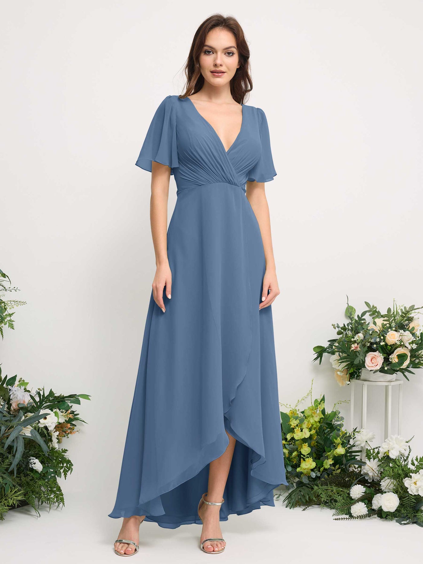 Carlyna Vestido línea A escote en V gasa hasta el suelo dama de honor Azul polvoriento #color_azul-polvoriento