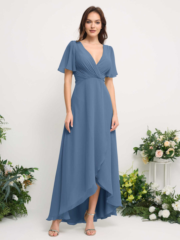 Carlyna Vestido línea A escote en V gasa hasta el suelo dama de honor Azul polvoriento 