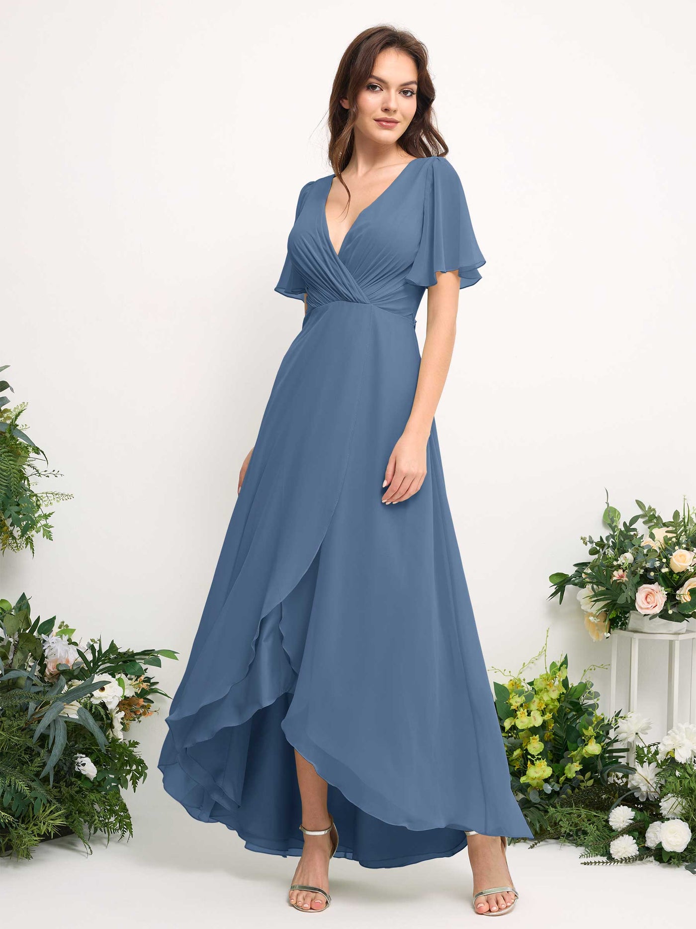 Carlyna Vestido línea A escote en V gasa hasta el suelo dama de honor Azul polvoriento #color_azul-polvoriento