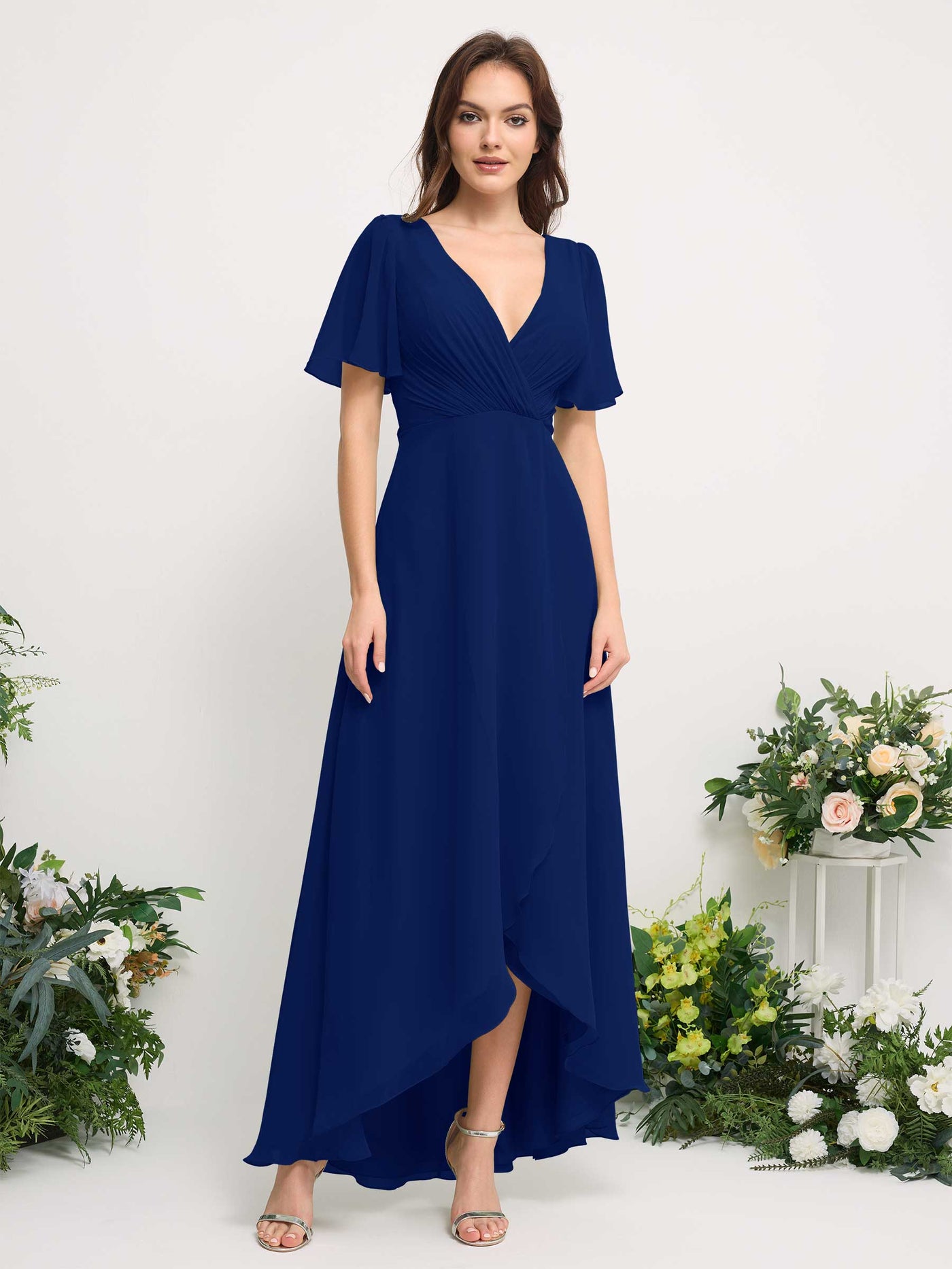 Carlyna Vestido línea A escote en V gasa hasta el suelo dama de honor Azul Real #color_azul-real