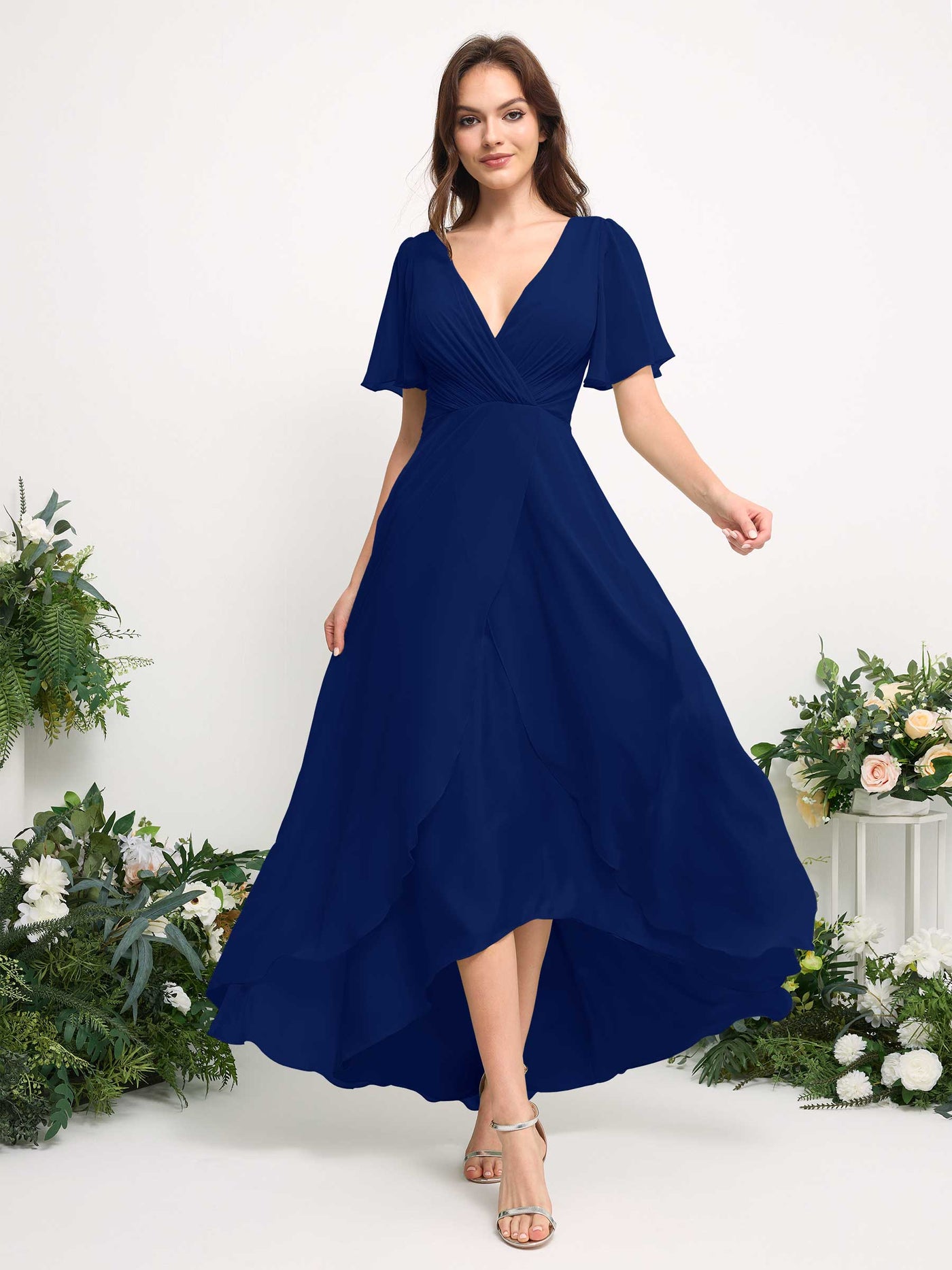 Carlyna Vestido línea A escote en V gasa hasta el suelo dama de honor Azul Real #color_azul-real
