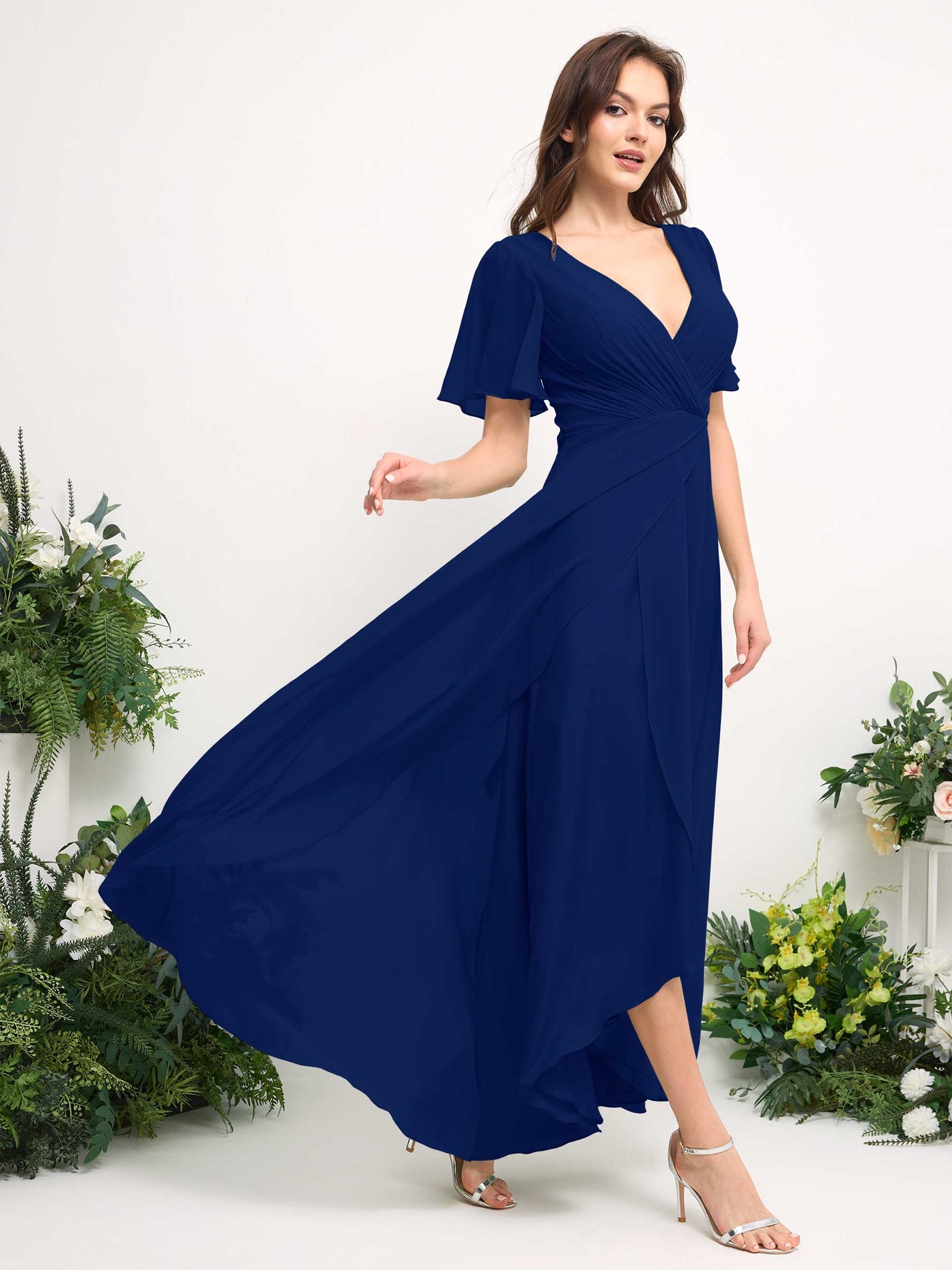 Carlyna Vestido línea A escote en V gasa hasta el suelo dama de honor Azul Real #color_azul-real