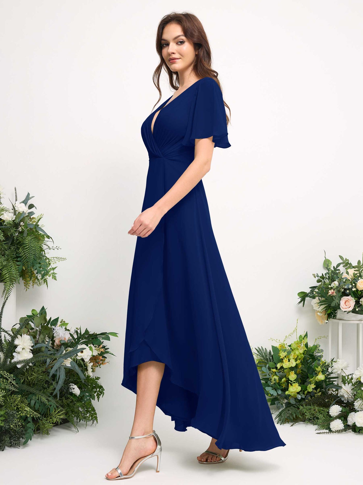 Carlyna Vestido línea A escote en V gasa hasta el suelo dama de honor Azul Real #color_azul-real