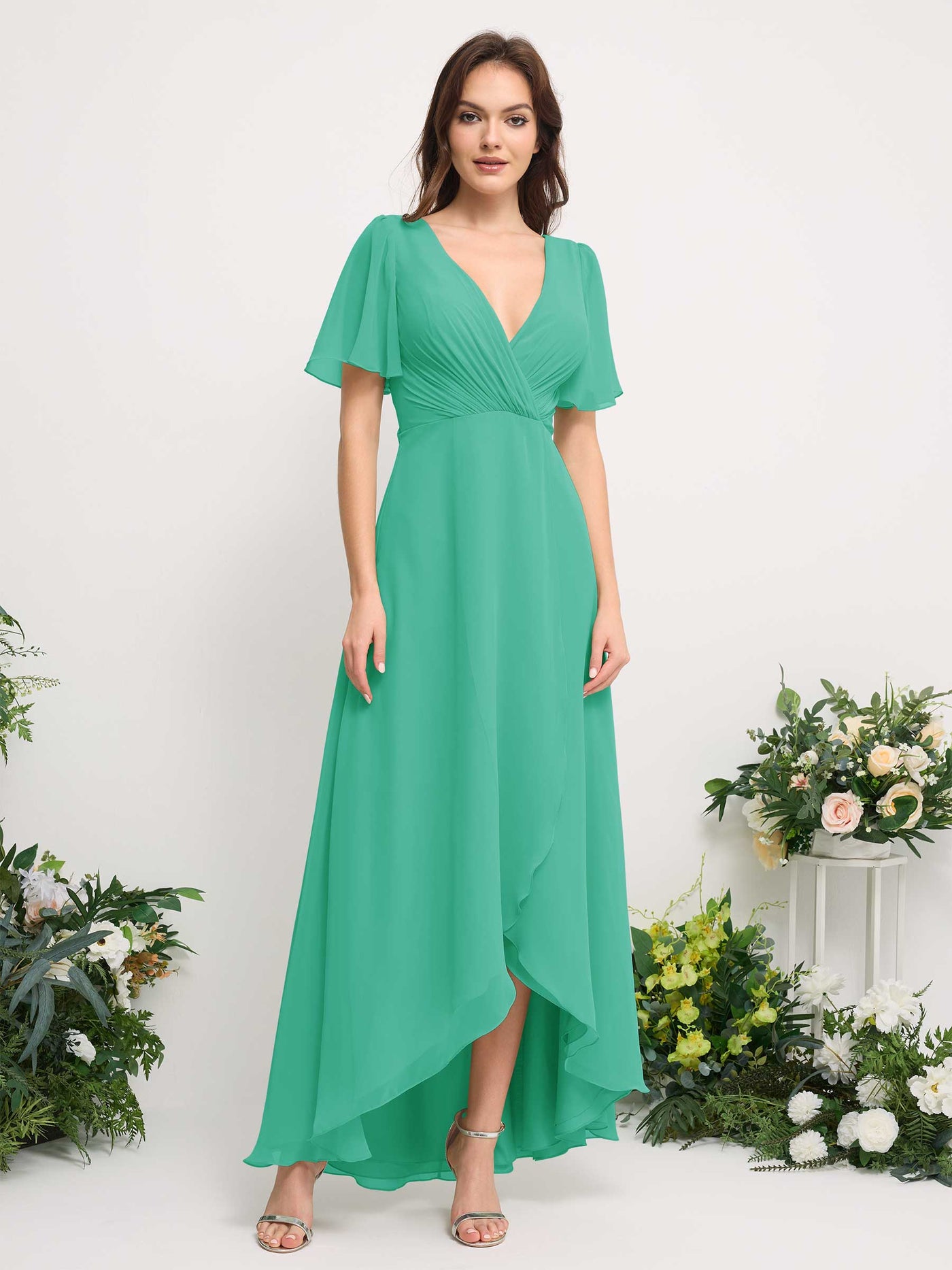 Carlyna Vestido línea A escote en V gasa hasta el suelo dama de honor Azul Tiffany #color_azul-tiffany